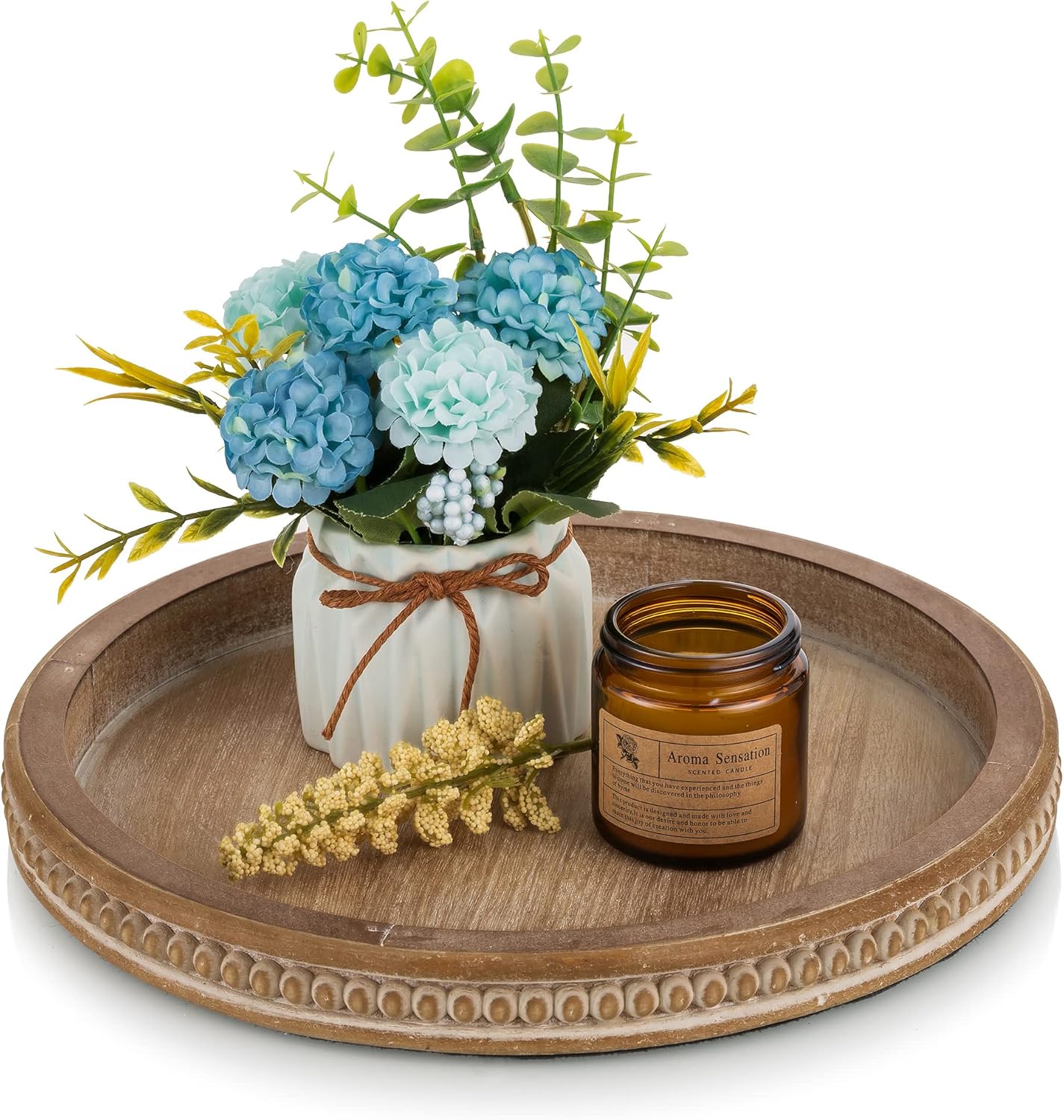 Round Wooden Decorative Tray: White Washed Bead Tray Decor for Coffee Table Centerpiece Rustic Farmhouse Tray for Kitchen Counter Living Room Decoration