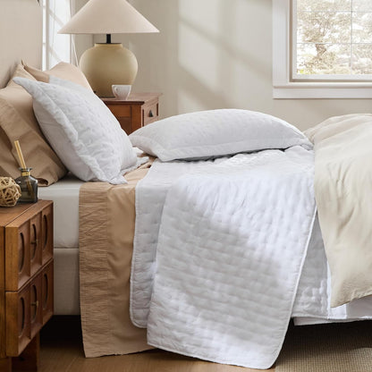 Quilts Queen Size - Bright White Bedspread Queen Size & Lightweight Comforter, Modern Coverlet with Clover Pattern, Ultra Soft All-Season Bedding, 90 x 96 Inches | Stitch-Free Quilting, Lightweight, Summer Bedding Set, Machine Washable, Pet-Friend