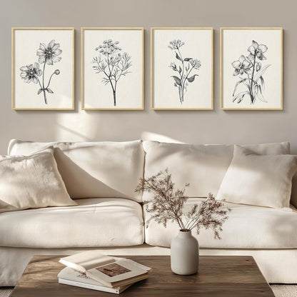 Framed Vintage Botanical Wall Art Bedroom, 4 Piece Rustic Farmhouse Floral Canvas Prints Artwork, Neutral Flower Butterfly Pictures for Modern Farmhouse Living Room Kitchen Bathroom Wall Decor, 11x14
