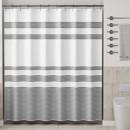 Shower Curtain, Washable Cloth Black Shower Curtain Sets with 12 Shower Curtain Hooks, Fabric Rustic Black and White Striped Curtain, Farmhouse Bathroom Curtains, 72x72 Inches
