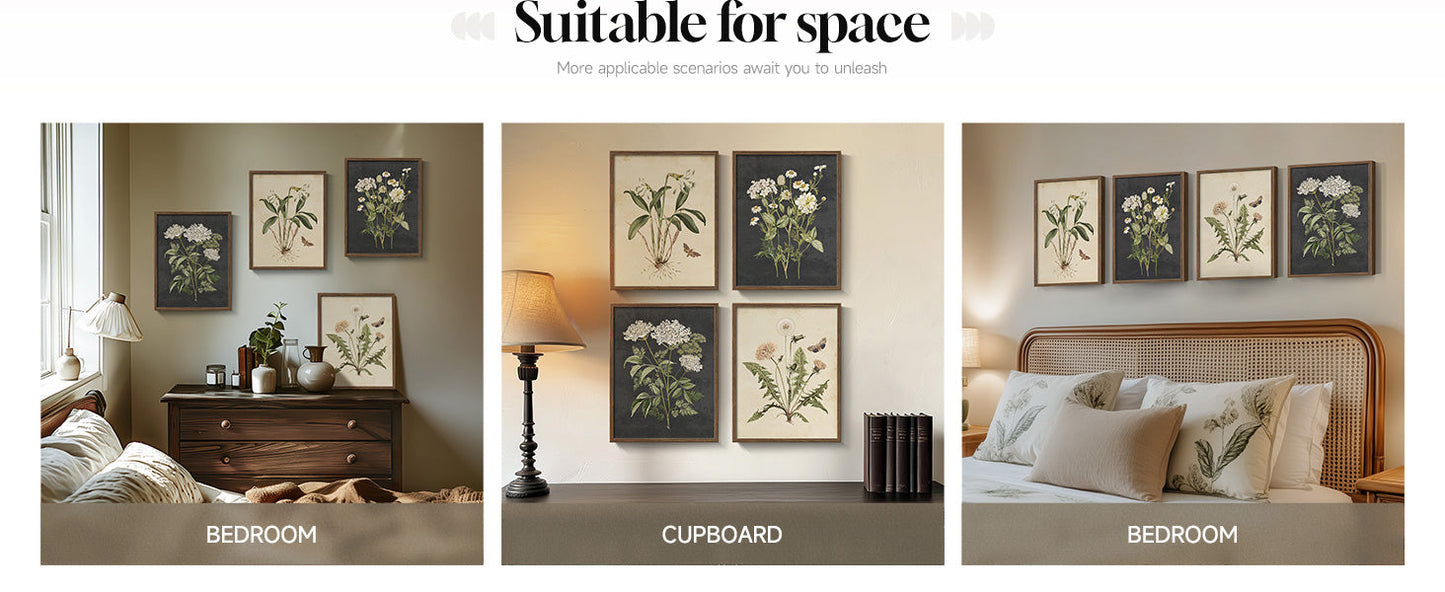 Framed Vintage Botanical Wall Art Bedroom, 4 Piece Rustic Farmhouse Floral Canvas Prints Artwork, Neutral Flower Butterfly Pictures for Modern Farmhouse Living Room Kitchen Bathroom Wall Decor, 11x14