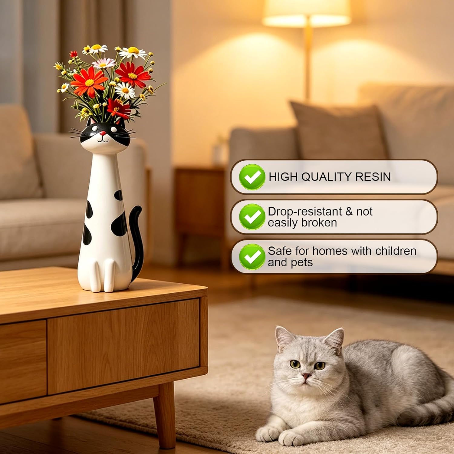 Quirky Cat Vase, Handcrafted Ceramic Cat Vase, Whimsical Kitty Planter for Small Flowers Boho Home Decor(White)