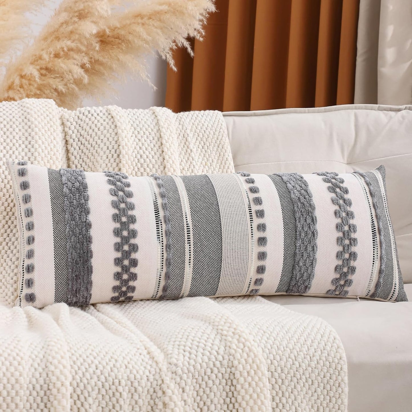Grey Throw Pillow Covers 18x18 Set of 2 Boho Stripe Pillow Covers Tufted Decorative Pillow Case Accent Pillowcase Farmhouse Cushion Case Nuetral Textured Pillow Cover Spring Home Decor
