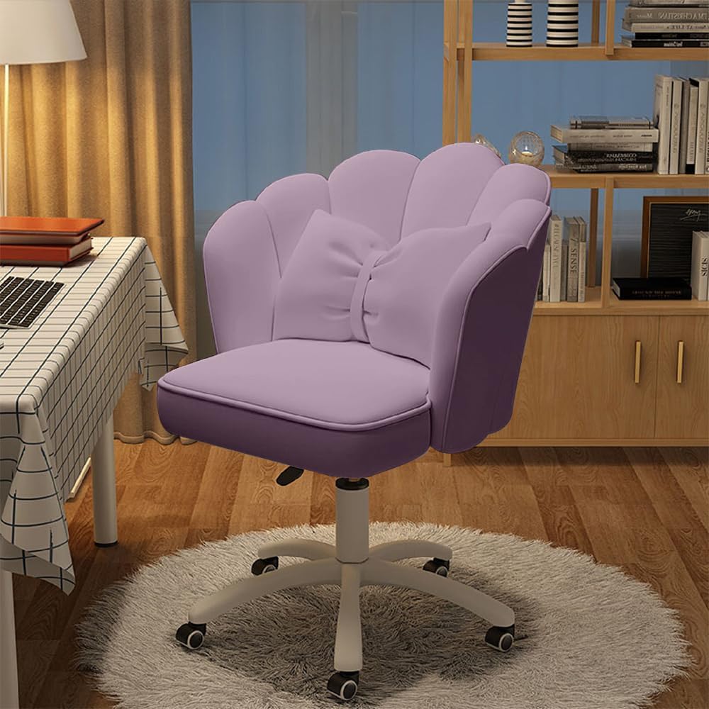 Chair with Bow Cushion Velvet Vanity Chair with Wheels, Upholstered Home Office Chair for Girls Women, Mid-Back Swivel Computer Task Chairs for Living Room Bedroom