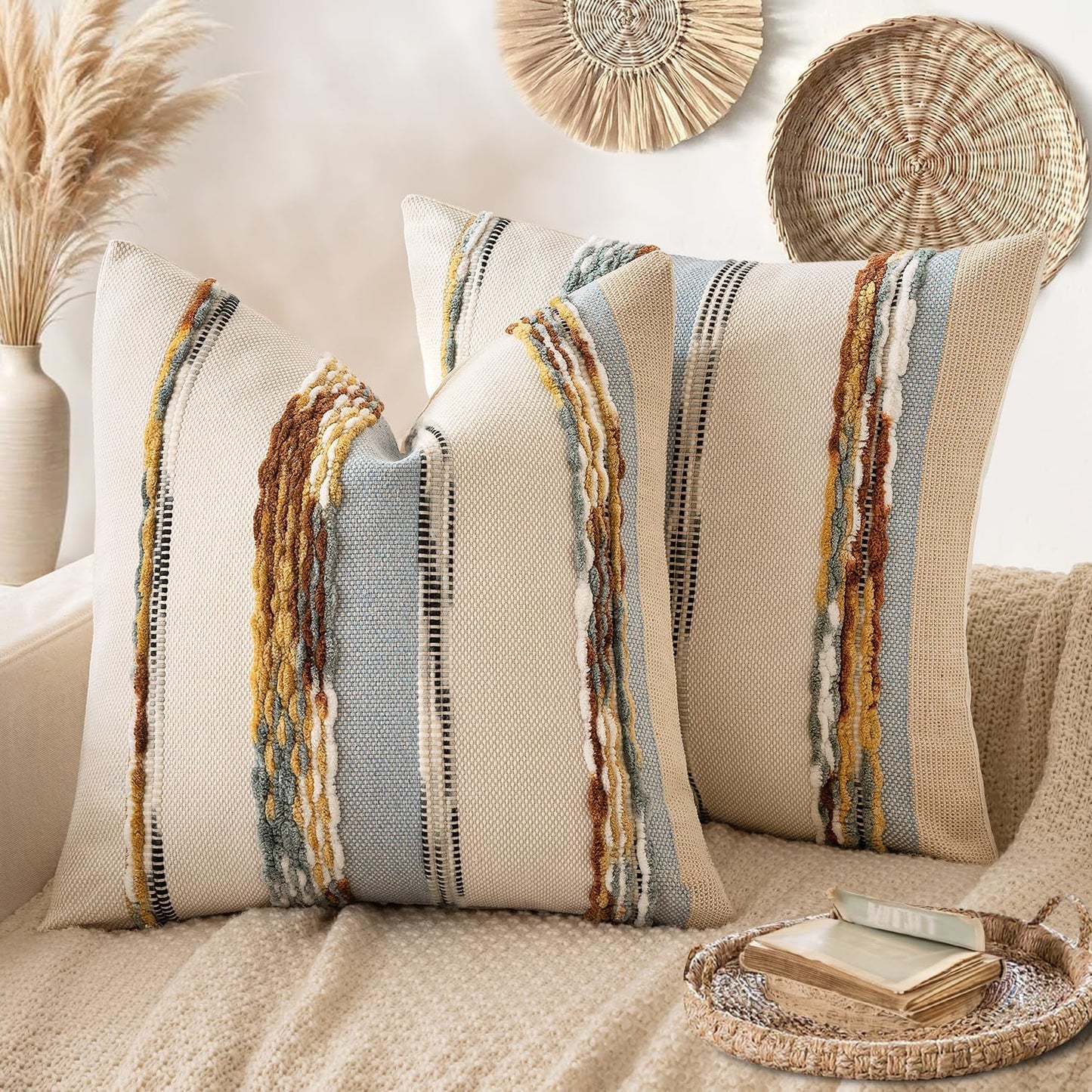 ANRODUO Pack of 2 Boho Decorative Throw Pillow Covers 18x18 Farmhouse Cushion Case Striped Chenille Pillow Cases Square Pillow Covers Accent Neutral Pillowcase for Sofa Couch Bed, Olive Green Stripe
