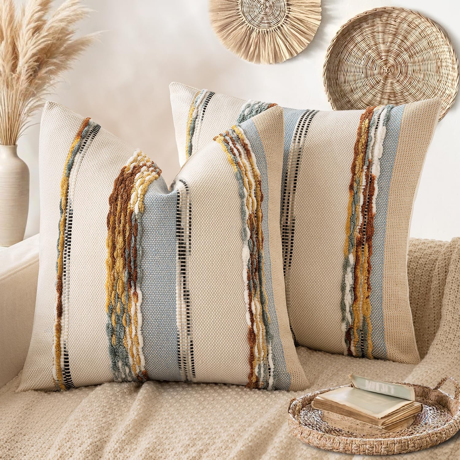 ANRODUO Pack of 2 Boho Decorative Throw Pillow Covers 18x18 Farmhouse Cushion Case Striped Chenille Pillow Cases Square Pillow Covers Accent Neutral Pillowcase for Sofa Couch Bed, Olive Green Stripe