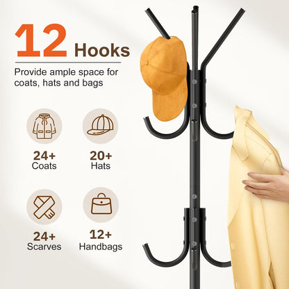Heavy Duty Coat Rack Freestanding with Stable Wood Base Modern Coat Tree with 12 Hooks Adjustable Coats Hanger Stand Stylish Standing Clothes Tree for Entryway Bedroom Corner Hall