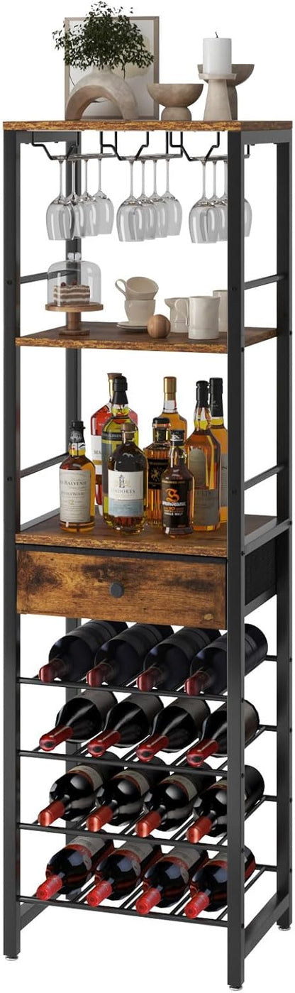 IBUYKE Wine Rack Freestanding Floor, Bar Cabinet for Liquor and Glasses,4-Tier Wood Coffee Bar Cabinet,Glass Holder and Storage Drawer for Home Bar Kitchen Living Room,Rustic Brown UTMJ905H
