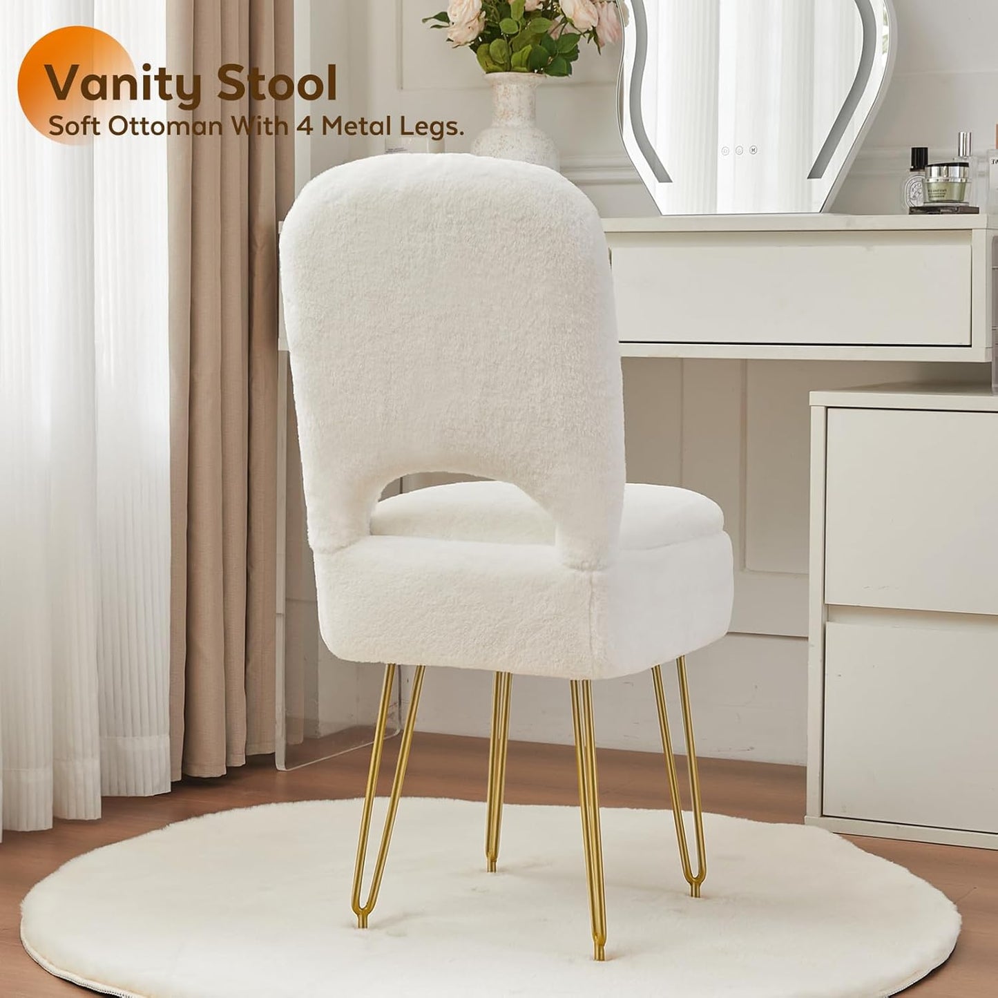 Vanity Chair with Storage and Folding Back, Faux Fur Square Storage Chair, Vanity Stool Chair with 4 Metal Legs for Bedroom, Living Room and Makeup Stations, 13.4"x 15"x 30", White