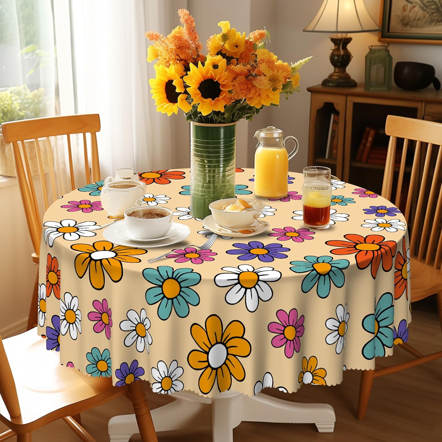 Round Tablecloth, Summer Tablecloths Polyester Waterproof Stain Wrinkle Free, Indoor and Outdoor Table Cover for Kitchen Party Dining Table