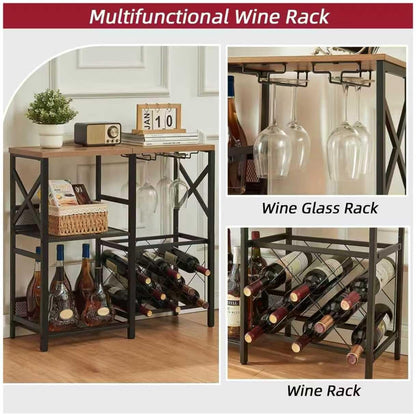 MNEETRUNG Wine Bar Cabinet, Rustic Freestanding Wine Rack with Glass Holder and Fence, Bar Cabinet with 2 Tier Storage, Liquor Shelf for Home Bar, Rustic Brown