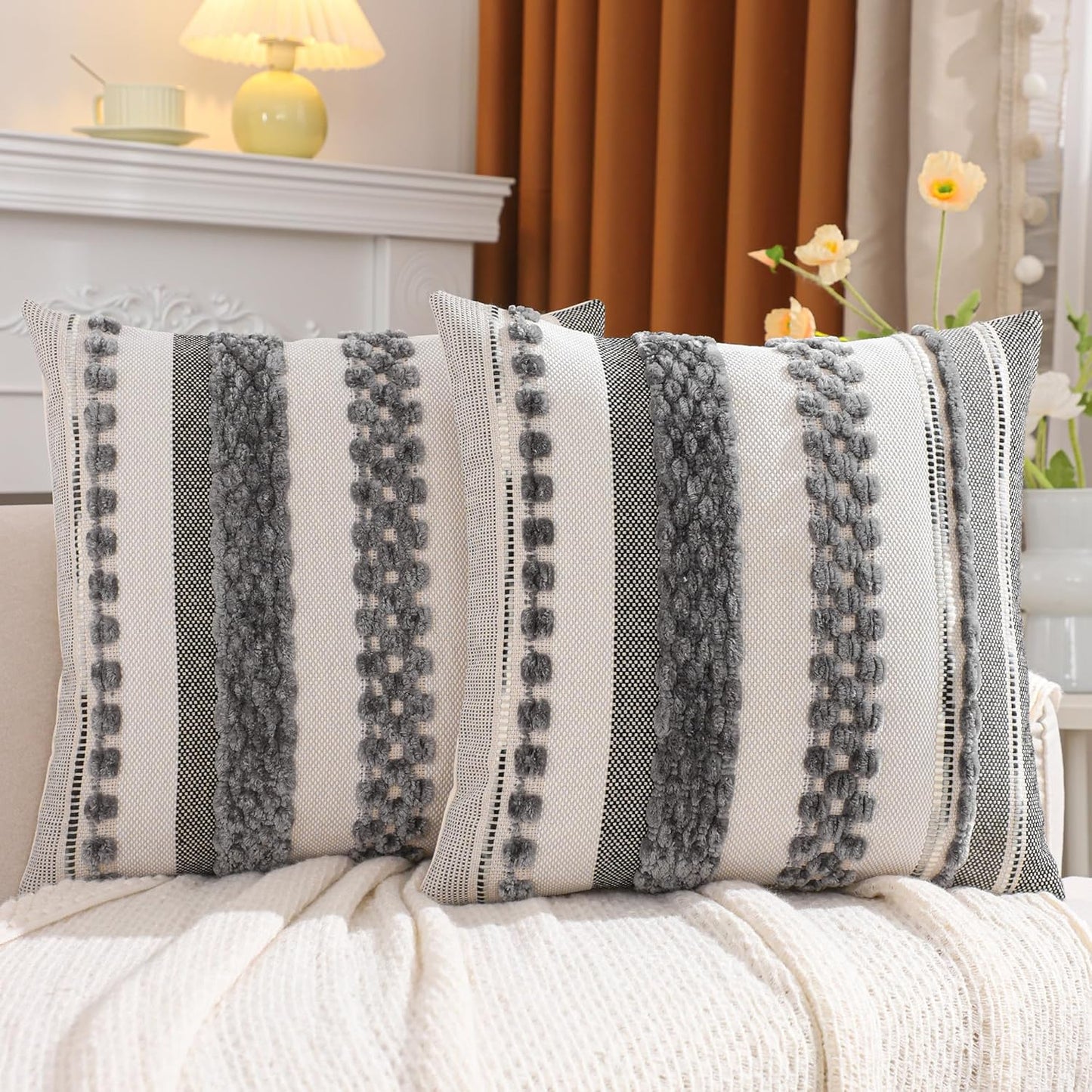 Grey Throw Pillow Covers 18x18 Set of 2 Boho Stripe Pillow Covers Tufted Decorative Pillow Case Accent Pillowcase Farmhouse Cushion Case Nuetral Textured Pillow Cover Spring Home Decor