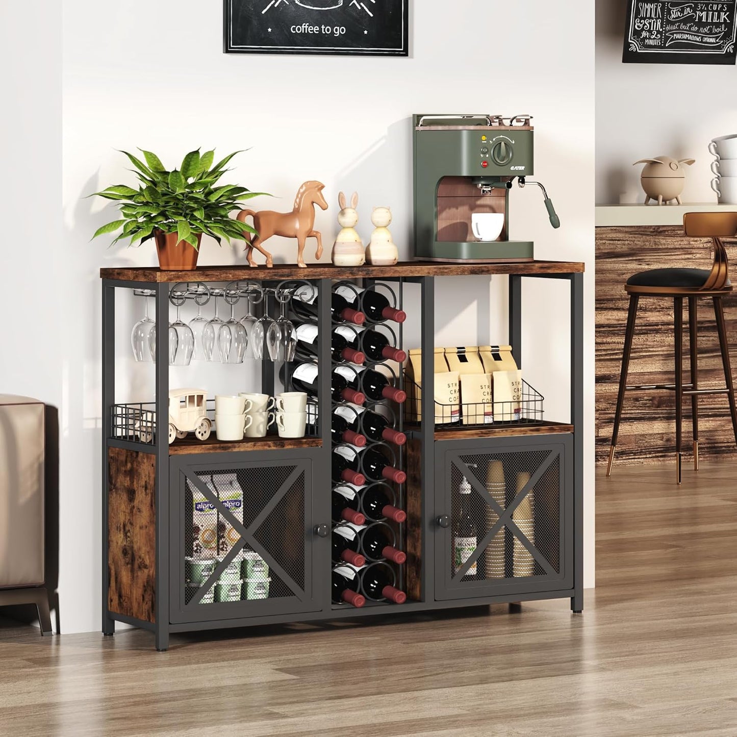 Mini Bars for Home, Wooden Coffee Bar Cabinet, Modern Liquor Cabinet for Liquor and Glasses, Farmhouse Buffet Wine Cabinet with Storage Sideboard for Home Kitchen Dining Room