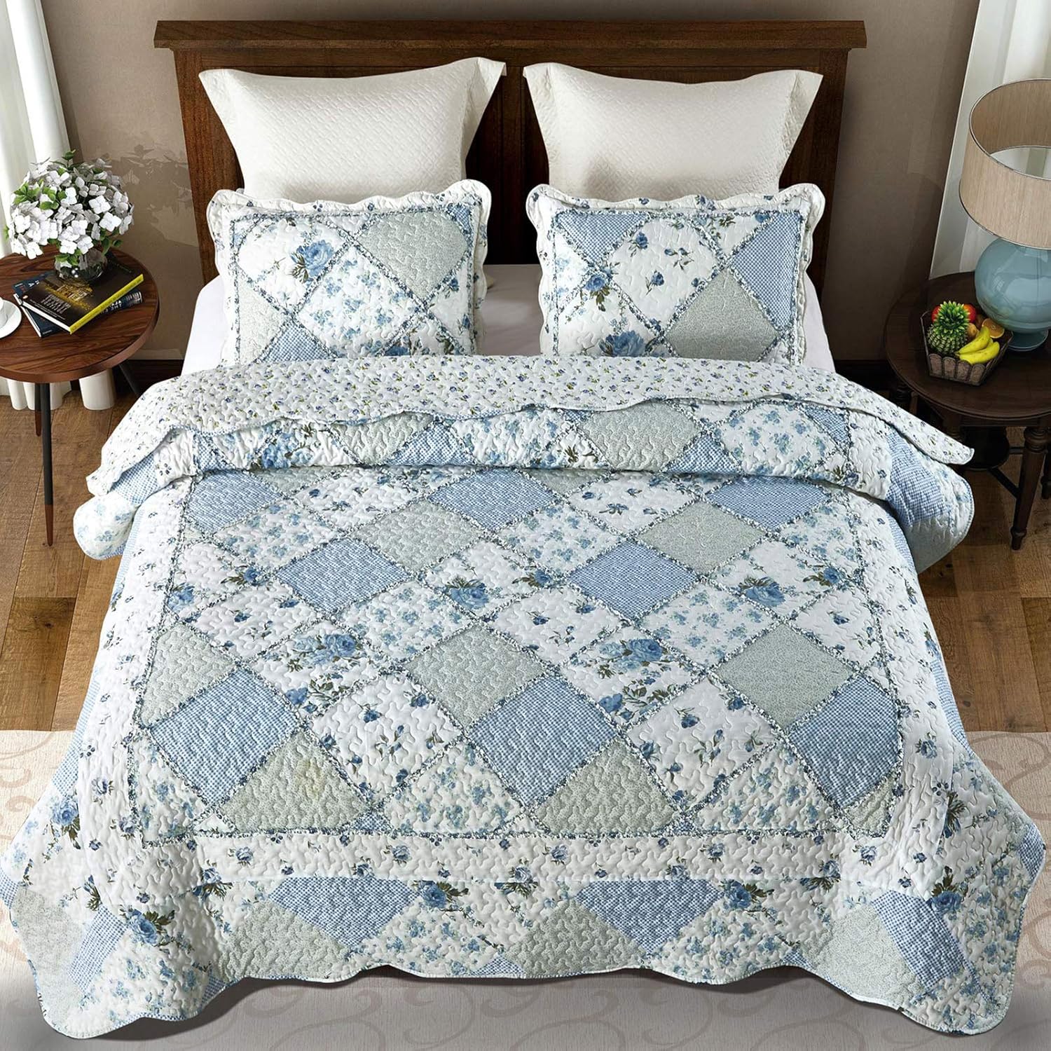 Blue Floral Patchwork Quilt Set, Full Queen Size, 3 Piece Bedding Set with 2 Pillowcases | Blue Patchwork Quilt, Queen Size Bedspread, Reversible Quilt Set, Floral Quilt Set, Patchwork Quilt Set, Queen Comforter Set