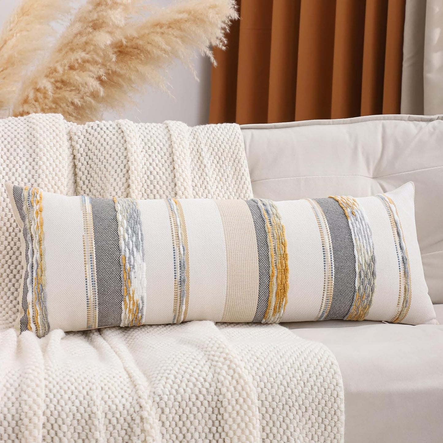 Grey Throw Pillow Covers 18x18 Set of 2 Boho Stripe Pillow Covers Tufted Decorative Pillow Case Accent Pillowcase Farmhouse Cushion Case Nuetral Textured Pillow Cover Spring Home Decor