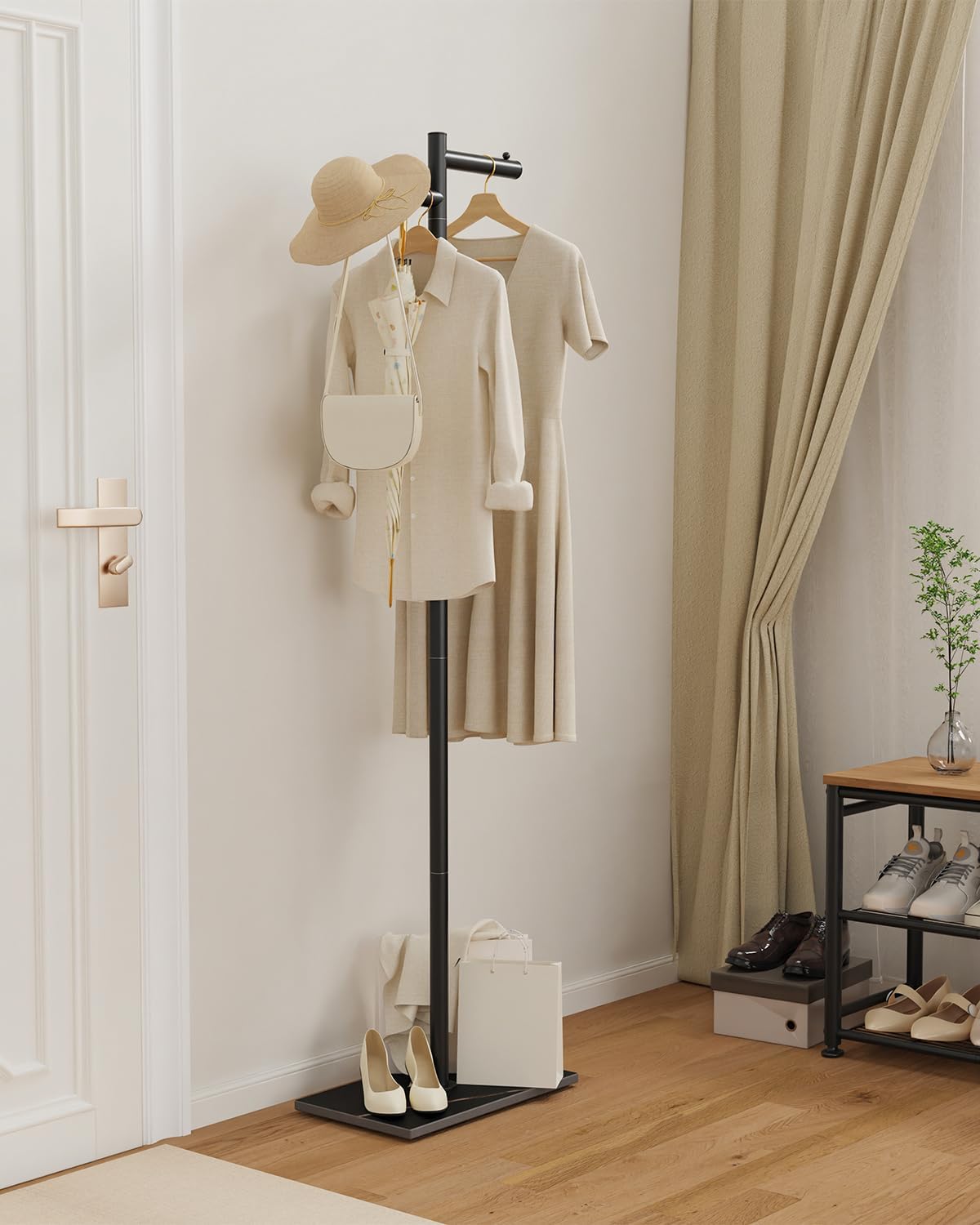 Garment Rack, Freestanding Metal Coat Racks, Z-shaped Coat Tree with Natural Rock Base, for Bedroom, Office, Hallway, Entryway, Living Room, 175cm, Black