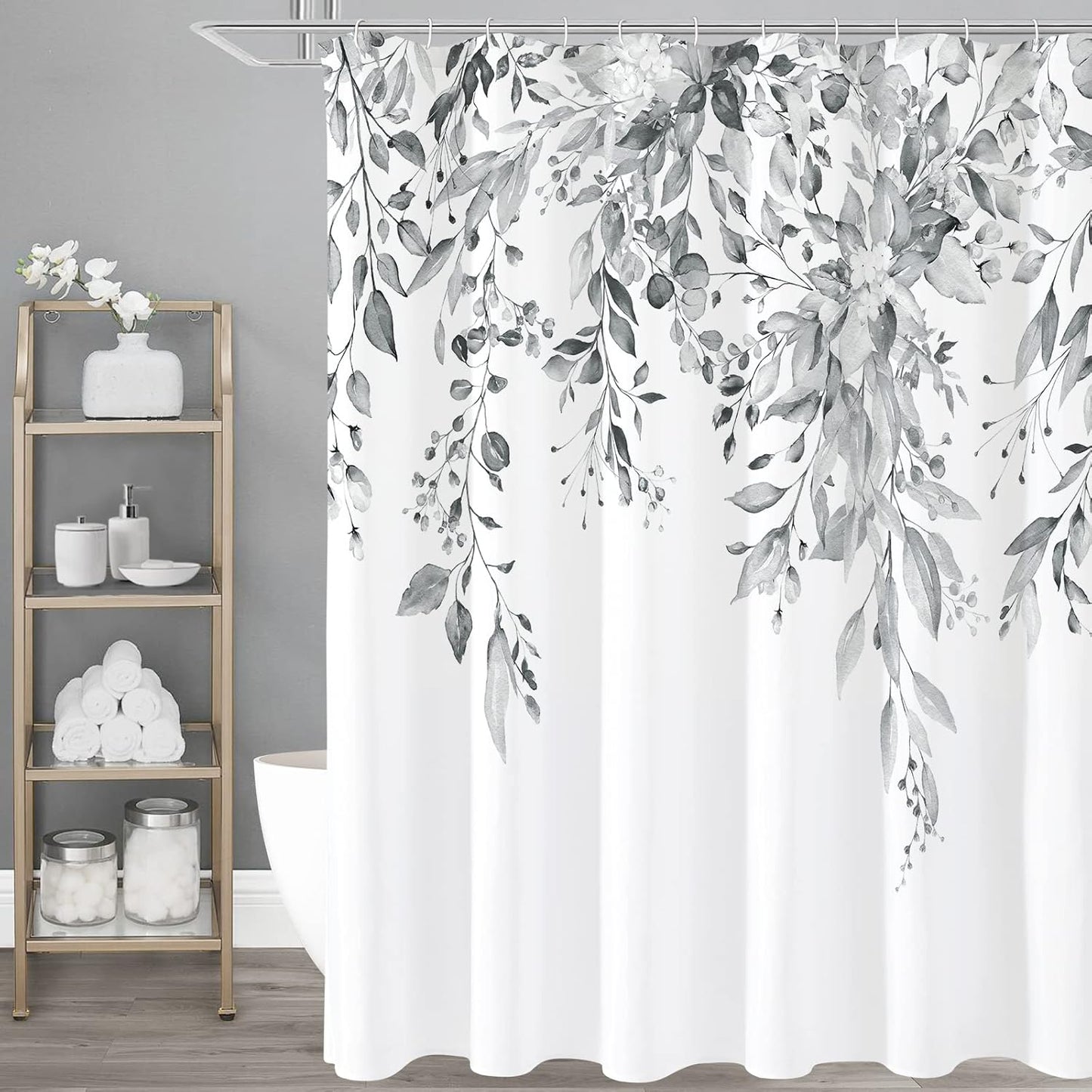 Grey Eucalyptus Shower Curtain, Watercolor Plant Leaves with Floral Bathroom Shower Curtain Set, Gray White, 72x72