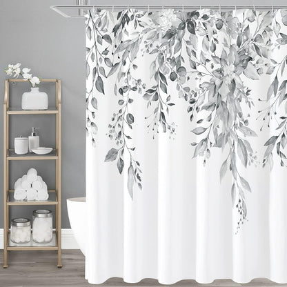 Grey Eucalyptus Shower Curtain, Watercolor Plant Leaves with Floral Bathroom Shower Curtain Set, Gray White, 72x72