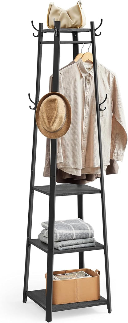 Coat Rack Freestanding, Coat Hanger Stand, Hall Tree with 2 Shelves, for Clothes, Hat, Bag, Industrial Style, Rustic Brown and Black URCR16BX