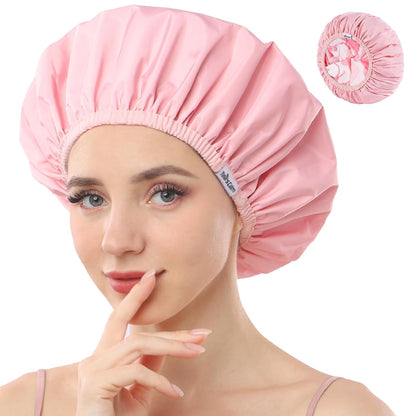 Shower Caps for Women Reusable Waterproof, Double Layer Waterproof Fabric - Both Sides Usable, Reversible Pattern & Solid Color Design, Soft Elastic Keeps Hair Dry for shower Spa Travel