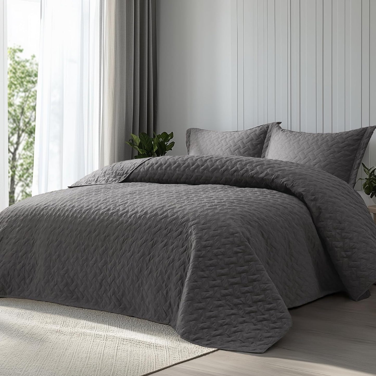 Quilts Queen Size - Grey Bedspreads Queen Size with Basket Weave Pattern, Soft Quilt Bedding Set, Lightweight Comforter Set Coverlet for All Seasons with 2 Pillow Shams (90" x 96") | Skin-Friendly Soft, All-Season Comfort, Breathable