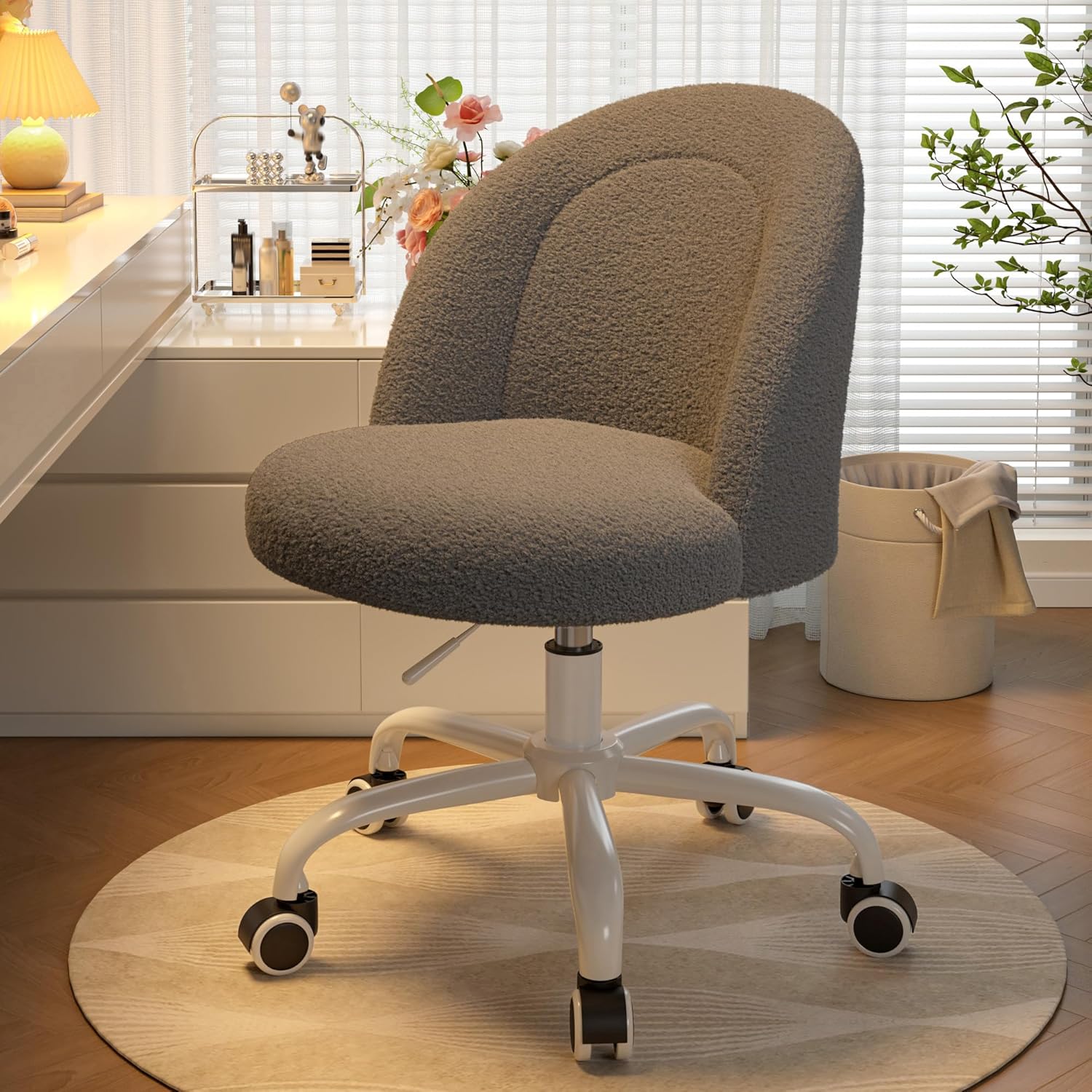 Vanity Chair, Small Desk Chair with Back, Height Adjustable & 360° Swivel, Stylish Armless Comfy Vanity Office Chair for Small Space, Bedroom