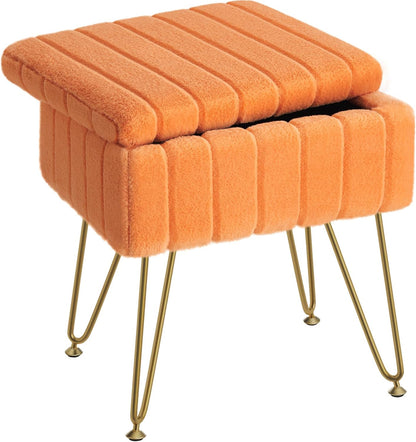 Vanity Stool Chair Faux Fur with Storage, 15.7"L x 11.8"W x 19.4"H Soft Ottoman 4 Metal Legs with Anti-Slip Feet, Furry Padded Seat, Modern Multifunctional Chairs for Makeup, Bedroom White