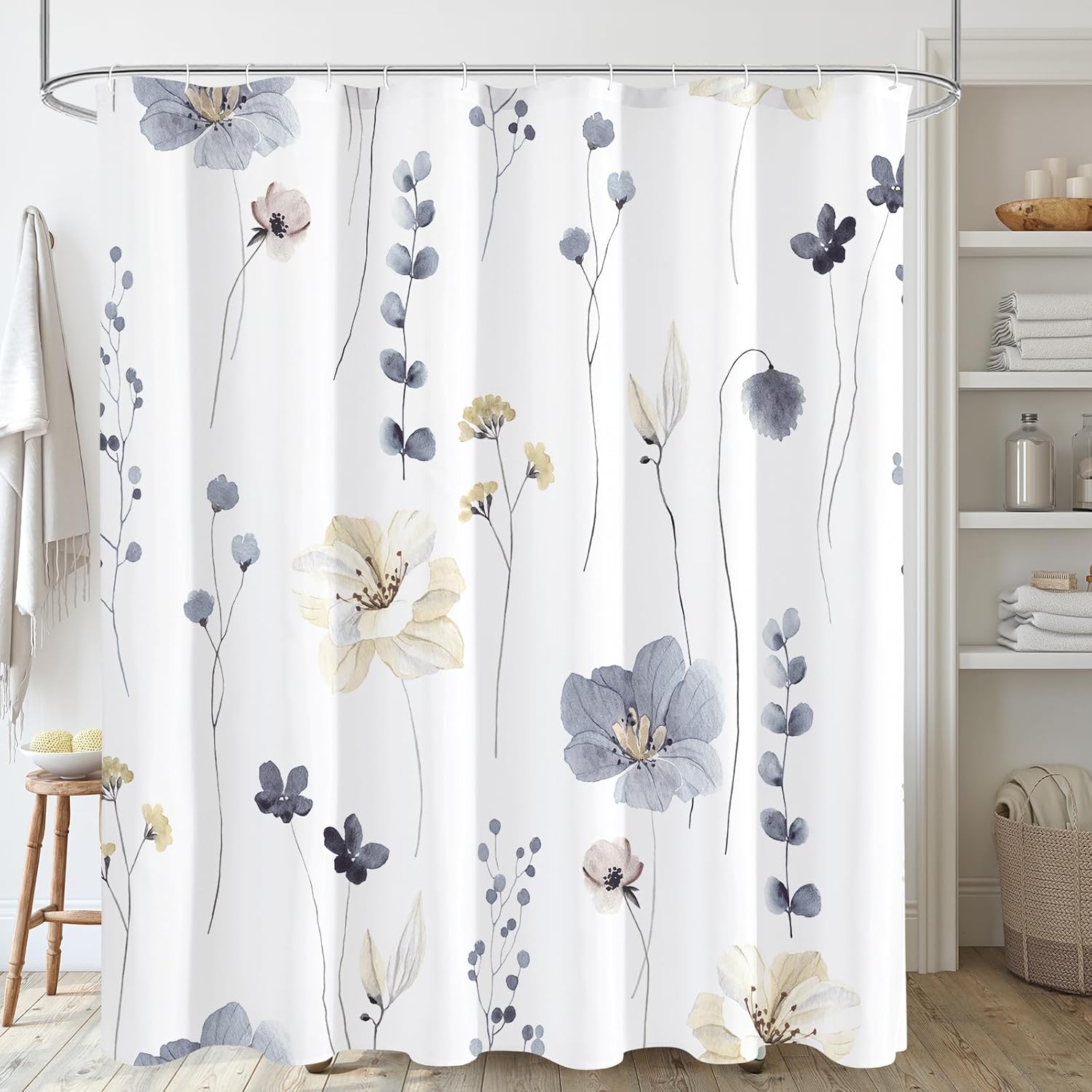 Watercolor Floral Shower Curtain, Sage Green Beige Flower Shower Curtain for Bathroom, Modern Minimalist White Waterproof Fabric Shower Curtain Set 72x72 Inch
