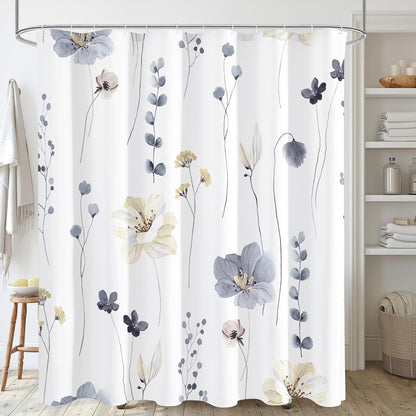 Watercolor Floral Shower Curtain, Sage Green Beige Flower Shower Curtain for Bathroom, Modern Minimalist White Waterproof Fabric Shower Curtain Set 72x72 Inch