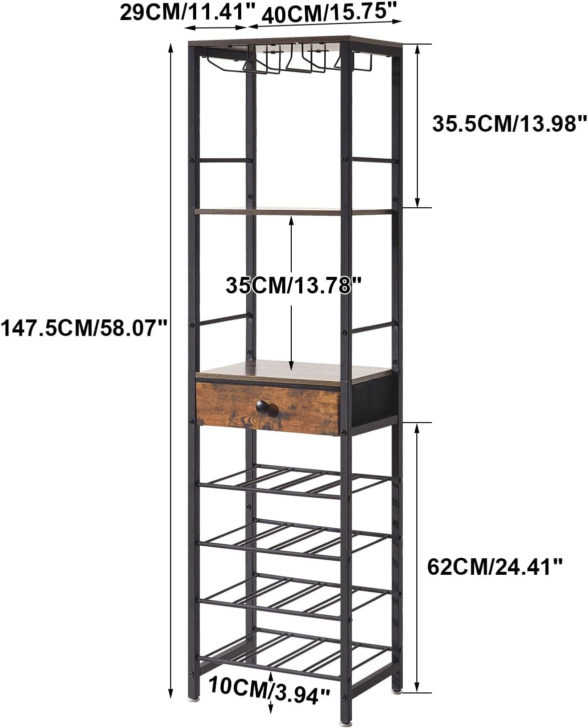 IBUYKE Wine Rack Freestanding Floor, Bar Cabinet for Liquor and Glasses,4-Tier Wood Coffee Bar Cabinet,Glass Holder and Storage Drawer for Home Bar Kitchen Living Room,Rustic Brown UTMJ905H