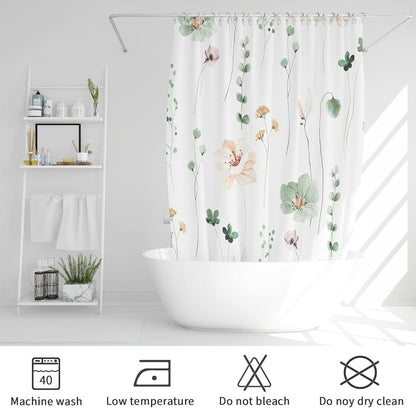 Watercolor Floral Shower Curtain, Sage Green Beige Flower Shower Curtain for Bathroom, Modern Minimalist White Waterproof Fabric Shower Curtain Set 72x72 Inch