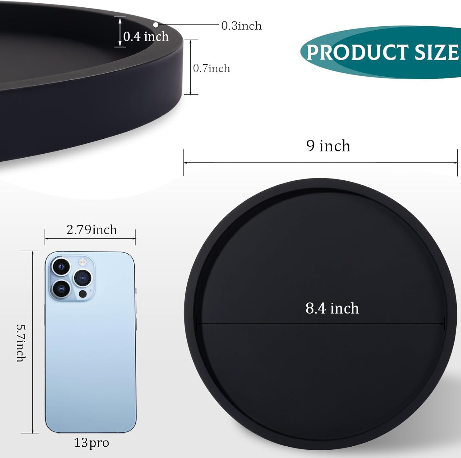 Silicone Bathroom Tray Round Vanity Tray Decorative Soap Holder Kitchen Countertop Organizer Coffee Table Decor for Candle, Perfume, Plant, 9 Inch, Black