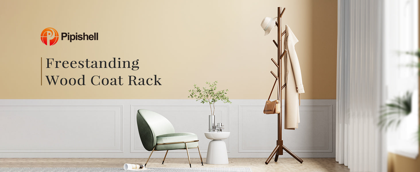 Sturdy Wooden Coat Tree with 8 Hooks, 3 Adjustable Sizes for Clothes, Hat Stand Used in Bedroom/Office/Entryway, Brown