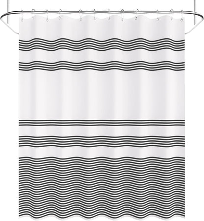 Shower Curtain, Washable Cloth Black Shower Curtain Sets with 12 Shower Curtain Hooks, Fabric Rustic Black and White Striped Curtain, Farmhouse Bathroom Curtains, 72x72 Inches
