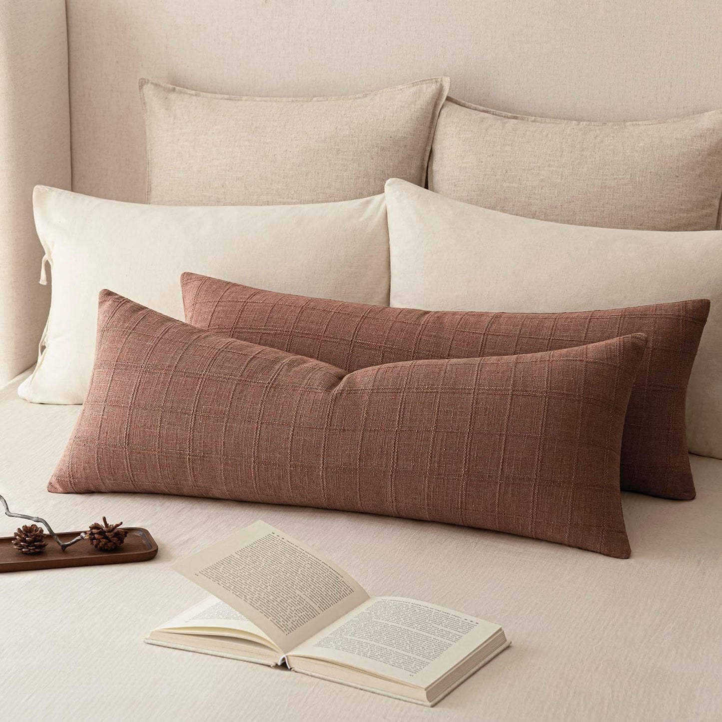 Foindtower Set of 2 Decorative Linen Check Throw Pillow Covers Neutral Farmhouse Vintage Cushion Covers Modern Boho Home Decor for Sofa Chair Couch Bedroom Living Room,18×18 Inch,Natural Beige
