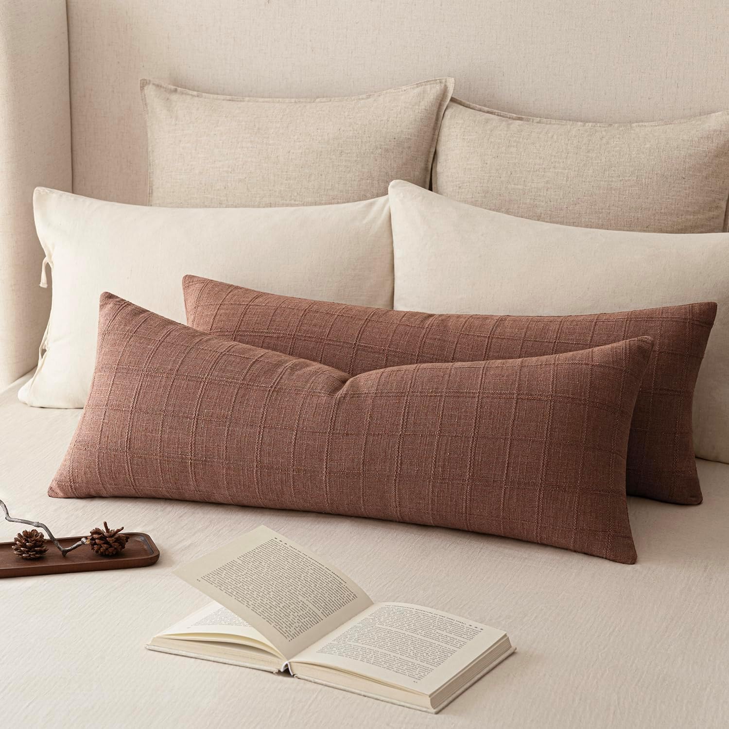 Foindtower Set of 2 Decorative Linen Check Throw Pillow Covers Neutral Farmhouse Vintage Cushion Covers Modern Boho Home Decor for Sofa Chair Couch Bedroom Living Room,18×18 Inch,Natural Beige