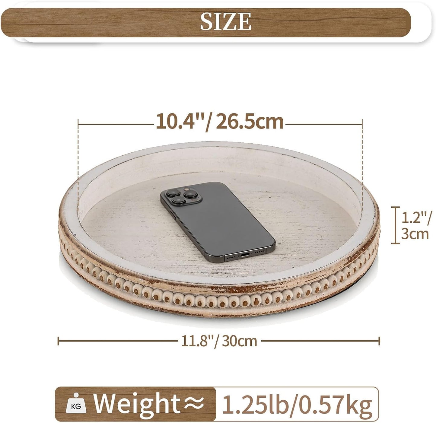 Round Wooden Decorative Tray: White Washed Bead Tray Decor for Coffee Table Centerpiece Rustic Farmhouse Tray for Kitchen Counter Living Room Decoration