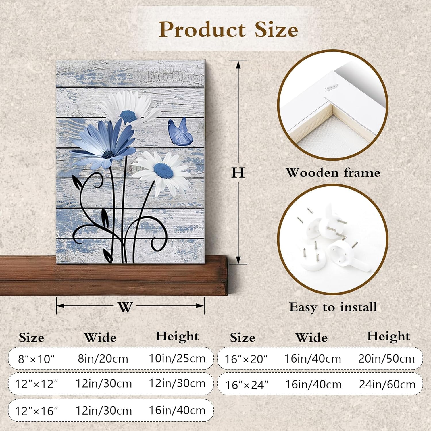 Farmhouse Floral Wall Art for Living Room, Blue and White Daisy Flower and Butterfly on Rustic Wood Board Canvas Wall Art Framed Artwork Ready to Hang for Bathroom Bedroom Decor, 16L X 12W