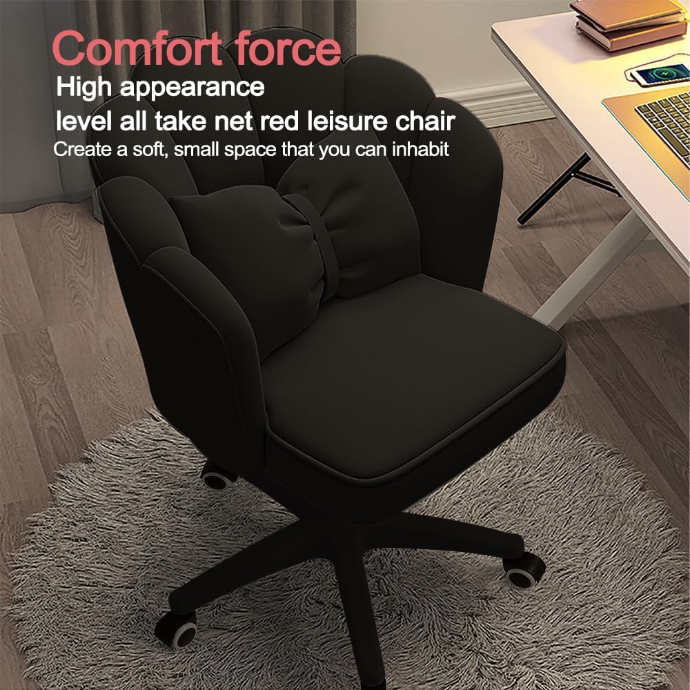 Chair with Bow Cushion Velvet Vanity Chair with Wheels, Upholstered Home Office Chair for Girls Women, Mid-Back Swivel Computer Task Chairs for Living Room Bedroom