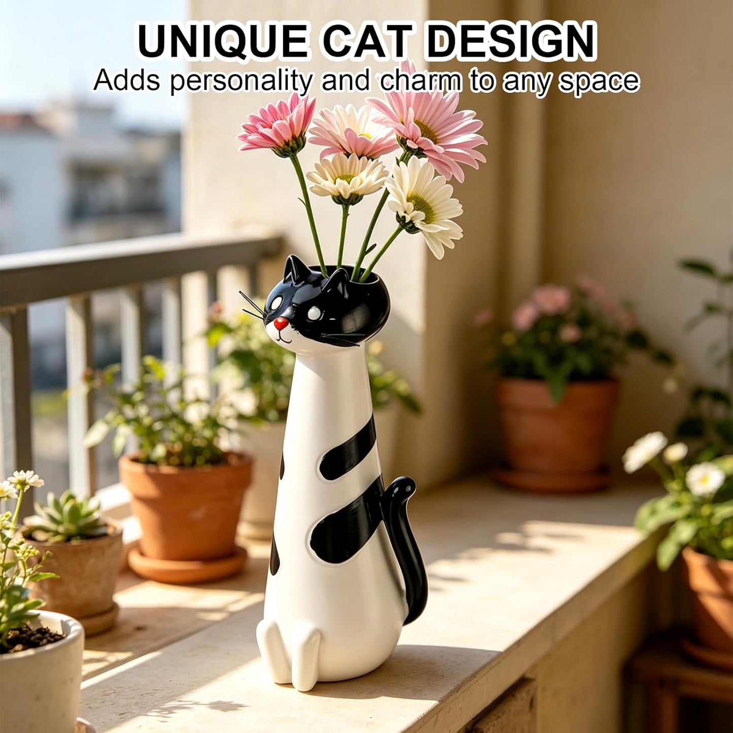 Quirky Cat Vase, Handcrafted Ceramic Cat Vase, Whimsical Kitty Planter for Small Flowers Boho Home Decor(White)