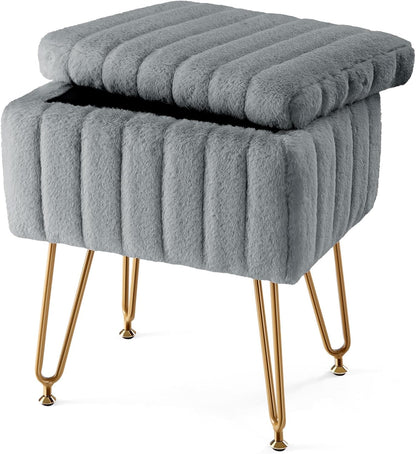 Vanity Stool Chair with Storage, 18.9”H x 16”L x 12.2”W Ottoman Chair Faux Fur Soft Padded Makeup Footstools Seat with 4 Metal Legs Anti-Slip Adjustable Feet for Make Up, Pink