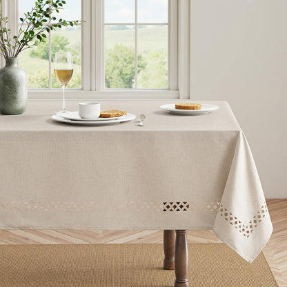 Beige Rectangle Linen Polyester Tablecloth with Decorative Cutouts Spring Waterproof Stain Resistant & Shrink-Proof Table Cloth 52x70 inch Farmhouse Style for Dining Wedding and Outdoor