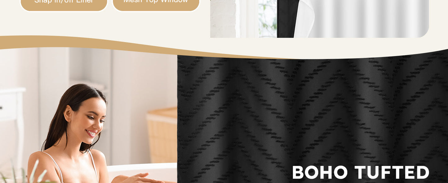 No Hook Shower Curtain and Liner Set, Black Snap in Shower Curtain Ringless Chevron Tufted Cloth Waterproof Washable Fabric Bath Curtain with See Through Top Window for Bathroom Hotel 71" x 74"