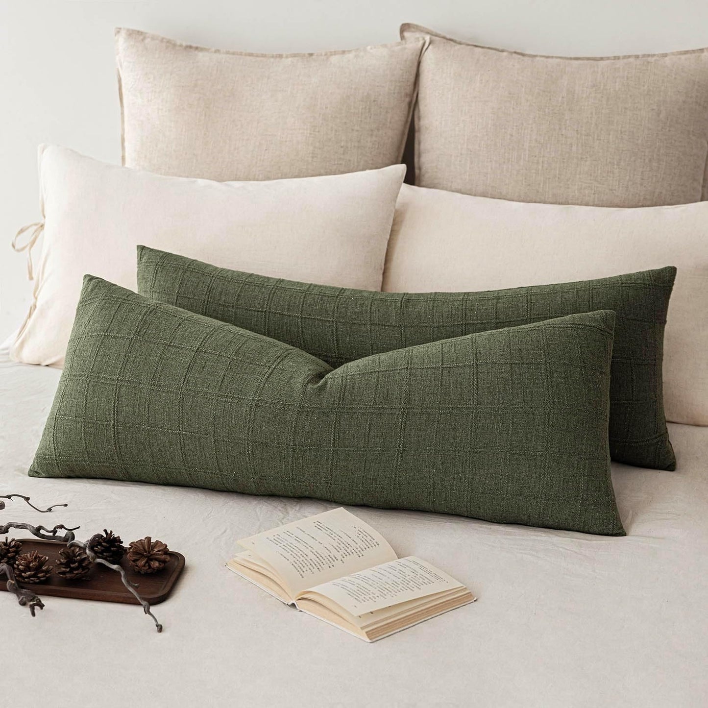 Foindtower Set of 2 Decorative Linen Check Throw Pillow Covers Neutral Farmhouse Vintage Cushion Covers Modern Boho Home Decor for Sofa Chair Couch Bedroom Living Room,18×18 Inch,Natural Beige
