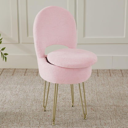 Vanity Chair with Storage and Folding Back, Faux Fur Square Storage Chair, Vanity Stool Chair with 4 Metal Legs for Bedroom, Living Room and Makeup Stations, 13.4"x 15"x 30", White