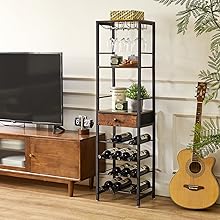 IBUYKE Wine Rack Freestanding Floor, Bar Cabinet for Liquor and Glasses,4-Tier Wood Coffee Bar Cabinet,Glass Holder and Storage Drawer for Home Bar Kitchen Living Room,Rustic Brown UTMJ905H