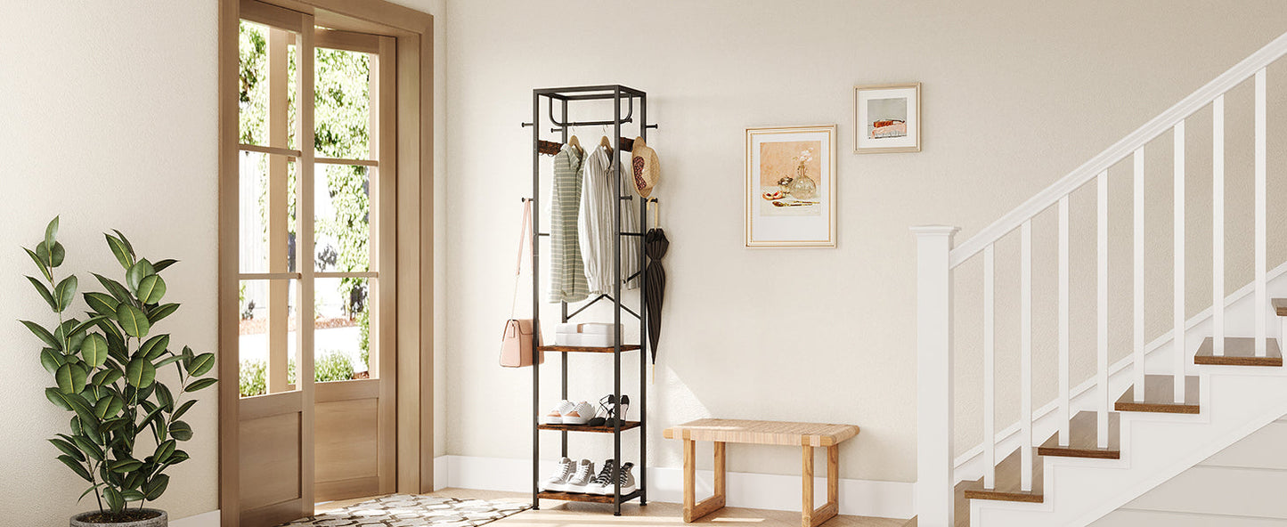 Coat Rack Freestanding, Hall Tree with 3 Storage Shelves and 12 Hooks, Industrial Clothes Rack Stand Organizer for Bedroom, Hallway, Entryway, Office, Living Room, Rustic Brown