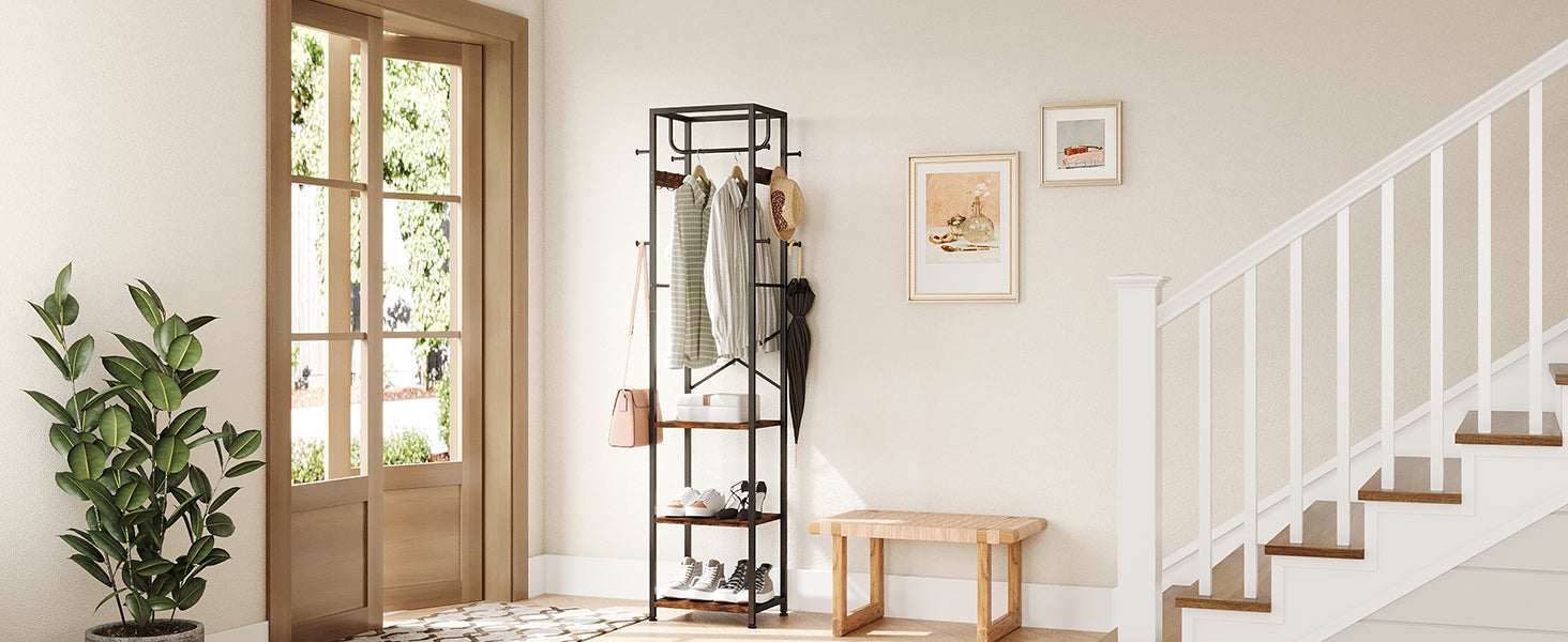 Coat Rack Freestanding, Hall Tree with 3 Storage Shelves and 12 Hooks, Industrial Clothes Rack Stand Organizer for Bedroom, Hallway, Entryway, Office, Living Room, Rustic Brown