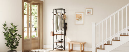 Coat Rack Freestanding, Hall Tree with 3 Storage Shelves and 12 Hooks, Industrial Clothes Rack Stand Organizer for Bedroom, Hallway, Entryway, Office, Living Room, Rustic Brown