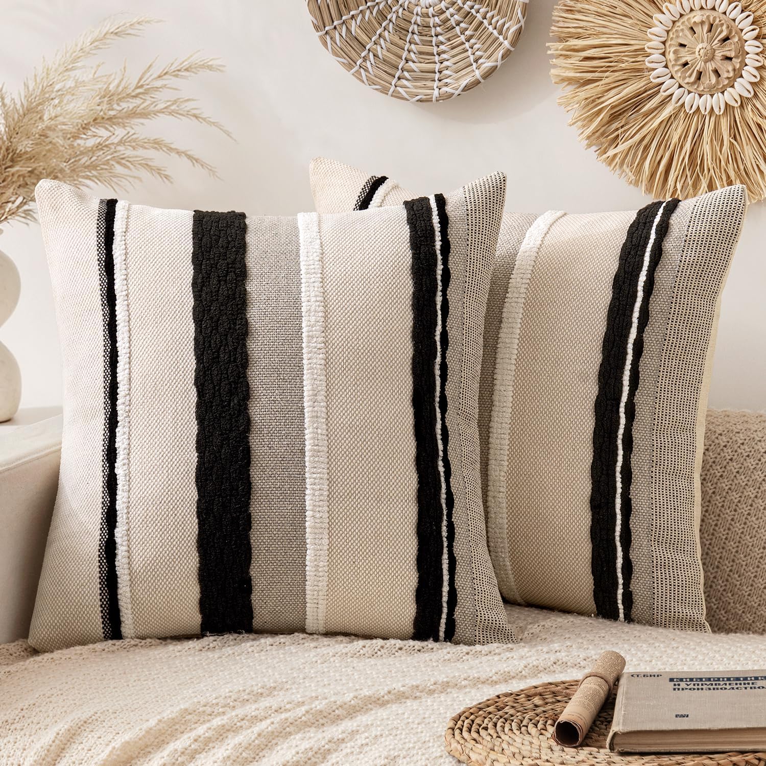 ANRODUO Pack of 2 Boho Decorative Throw Pillow Covers 18x18 Farmhouse Cushion Case Striped Chenille Pillow Cases Square Pillow Covers Accent Neutral Pillowcase for Sofa Couch Bed, Olive Green Stripe